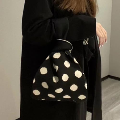 Bolso de muñeca tejido con estampado de lunares para mujer, color negro, estilo polka dot, pequeño y práctico, ideal para compras diarias o como regalo miniatura 2