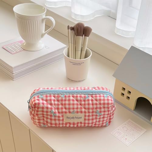 Image of Carry bloom Pencil Pouch Cute Pencil Case for Girls Aesthetic Pencil Bag with Zipper Pen Cases School Supplies Makeup Bag (Checkered bow red)