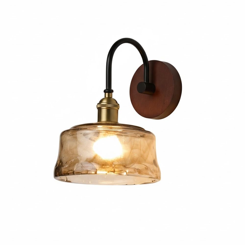 NHPJFDC Vintage Industrial Wall Sconce, Rustic Farmhouse Amber Textured Glass Shade, Gooseneck Brass Light Fixture with Wooden Backplate, E26 Bulb Compatible for Bedroom, Bathroom Vanity.
