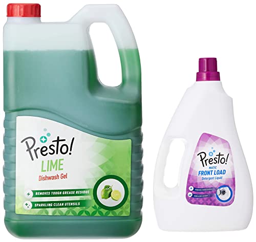 Image of Amazon Brand - Presto! Dishwash Gel - 5 L (Lime) & Amazon Brand - Presto! Matic Front Load Detergent Liquid - 2 L