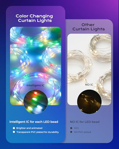 Image of Brightown 400 LED RGB Smart Curtain Fairy Lights with Remote, 6.6x6.6ft | Color Changing Christmas String Lights with 8 Modes & Timer, IP65 Waterproof Curtain Lights for Bedroom Window Party Holiday