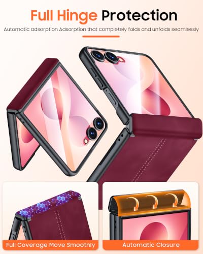 Image of for Galaxy Z Flip 8 Case with Hinge Protection & Screen Protector Red | Ultra Thin Stylish Leather Matte PC Durable Shockproof Cover Phone Case for Galaxy Z Flip 8-Red