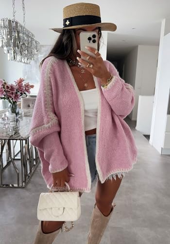 Image of chouyatou Women Fall Open Front Color Block Cardigan Sweater Casual Striped Chunky Knit Oversized Cardigan