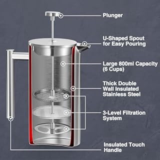 VonShef 6 Cup Cafetiere, Stainless Steel 800ml Double Walled French Press with Measuring Spoon/Bag Seal, Dishwasher Safe Filter Coffee Maker with Plunger