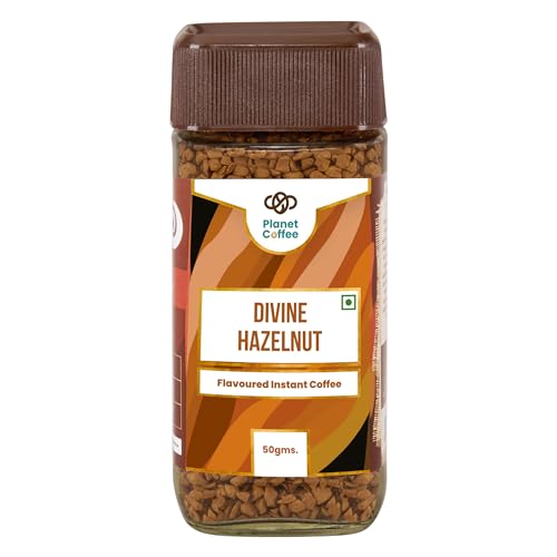 Image of Planet Coffee Divine Hazelnut Flavoured Instant Coffee | 100% Pure Arabica | 50g Glass Jar | Freeze-Dried | No Added Sugar | Medium Roast | Makes 25 Cups