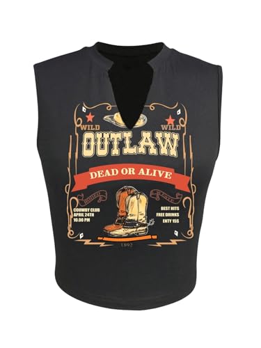 SHENHE Women's Letter Graphic Print Tank Top Sleeveless Notched Neck Cropped Tee Top