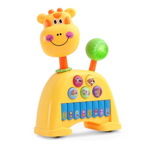 Image of Uonibaby by StarAndDaisy 3-in-1 Animal Shaped Baby Musical Toy , Piano Keys with Lights, 5 Animal Voices, 360 Rotating Head & Jackpot Wheel , Pull-Along Toy for Infants, Toddlers & Kids -Giraffe