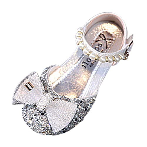 Girls White Dress Shoes Fashion Summer Girls Sandals Dress Performance Dance Shoes Sequin Pearl Mesh Bow Buckle Princess (Silver-a, 12 Little Child)