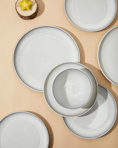 Image of Pokini Stoneware Dinnerware Sets for 8, 24pcs Plates and Bowls Sets Dishes | Reactive Glaze Ceramic Dish Set, Microwave & Dishwasher Safe, Highly Chip and Crack Resistant Dishware sets, Moonstone White