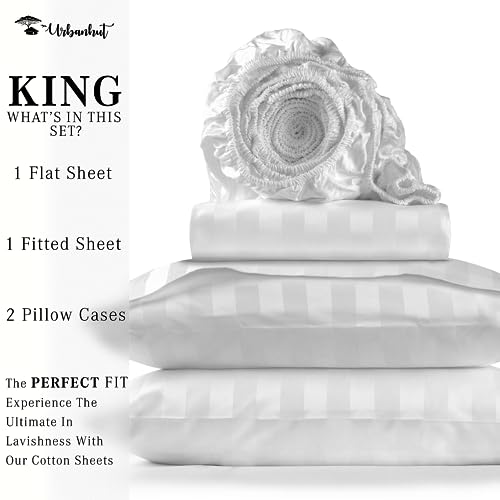 URBANHUT 800 Thread Count Egyptian Cotton Damask Striped King Size Sheets Set (4 Pc) - Ultra Soft & Smooth, Sateen Weave King Sheet, Luxury Hotel Sheets with 16" Deep Pocket - White