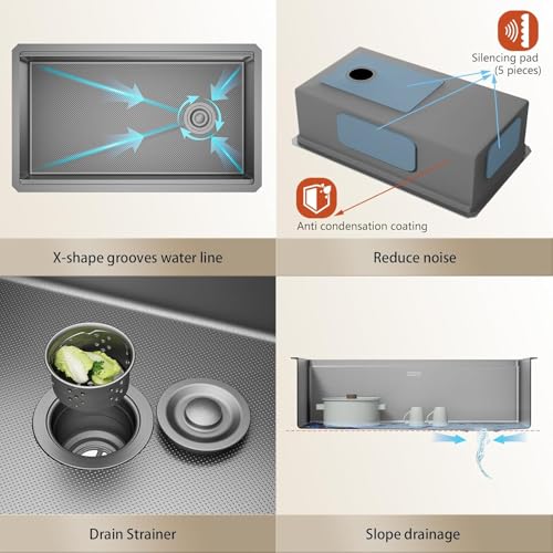 Image of 32-Inch Undermount Kitchen Sink, 304 Stainless Steel with Nano Coating, Single Bowl for Workstation, RV, Prep Kitchen, Includes Cutting Board & Roll-Up Dish Rack, and More Accessories (Silver)