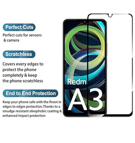 Image of DD SON Redmi A3 / A3x / Realme N61 / Poco C61 Tempered Glass | Screen Protector Full HD Quality Tempered Glass Anti-Scratch Edge to Edge Coverage with Easy Installation Kit (Black)