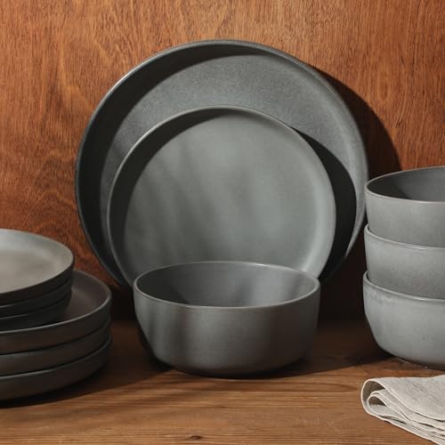 Image of Gibson Elite Pasco 12 Piece (Service for 4) Plates and Bowls Reactive Glaze Dishes Stoneware Ceramic Dinnerware Set - Grey