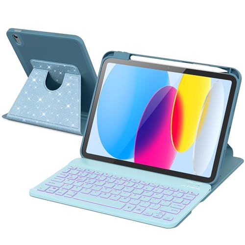 Image of RAYMCRAFT for iPad 11th(A16, 2025) /10th Generation Case with Keyboard, 360 Rotatable Case & Detachable Backlit Keyboard, Precision Cutouts and Pen Holder for iPad A16 11'' /10th 10.9'', Sparkling Blue