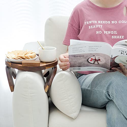 Heavy Duty Acacia Sofa Armrest Tray, Farmhouse Style Wooden Arm Tray, Clip On Tray For Most Couch Arm Width, Customized Oval Sofa Tray Table, Folding Snack Table With 360 Rotating Phone Bracket #TOP6