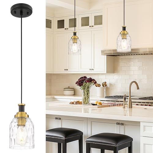 Image of zeyu Glass Pendant Lights Kitchen Island, Kitchen Pendant Lighting Over Island with Water Ripple Glass, Modern Mini Hanging Light, Black and Gold Finish, ZG33M1L BK+BG-WG