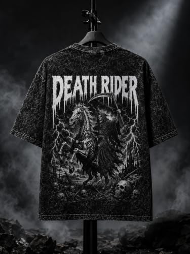 Image of Oversized Acid Wash Graphic T-Shirt for Men | Death Rider Gothic Print | Premium Cotton | Streetwear