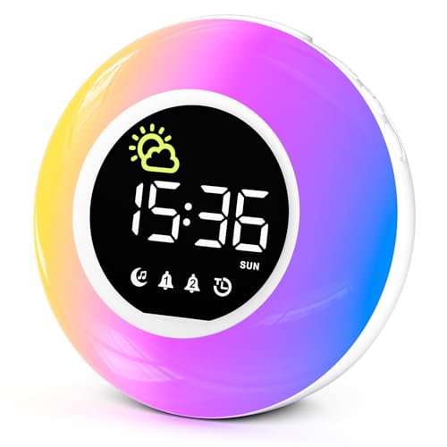HERMIC Wecker Digital Kinderwecker mit Nachtlicht 12 White Noise 2 Alarmanzeige Snooze und Timer Einstellbare Helligkeit Wecker für Schulanfänger Netzbetrieben