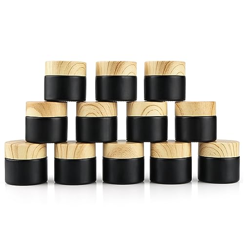 12 Pack 10g/0.34oz Frosted Glass Cream Jar Empty Sample Storage Jars Cosmetic Container Pot with Plastic Wood Grain Pattern Lid for Face Cream Lotion Eye Shadow - Black