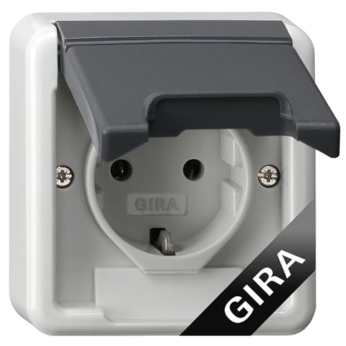 Gira SCHUKO-Steckdose 444030 mit Klappdeckel Grau I Aufputz I für Feuchtraum Steckdose IP44 I bruchsicheres Thermoplast I 16A 250V I für Werkstatt Garage Feuchtraum Keller Außenbereich