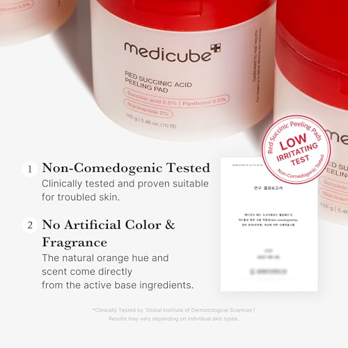 Image of medicube Toner Pads Red Succinic Acid Panthenol Facial Peeling Pad | Exfoliating Toner Pad for Breakout-Prone Skin | Niacinamide, AHA, BHA, and Soothing Panthenol - Non-Comedogenic, 70 Pads (1 Pack)