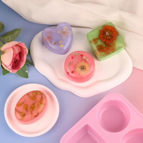 Image of Sakolla 3 Pack Silicone Soap Molds, 4 Cavities Heart, Square, Round and Oval Silicone Molds for Handmade Soap, Candle and Mousse Cake (Pink, Green, Purple)