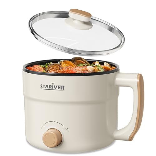 Stariver 1.5L Electric Hot Pot with Dual Power - Mini Portable Non-Stick Noodle Cooker for Ramen, Soup, Pasta, Egg, Oatmeal - Overheat & Boil-Dry Protection - Ideal for Dorm, Office, Travel Gift