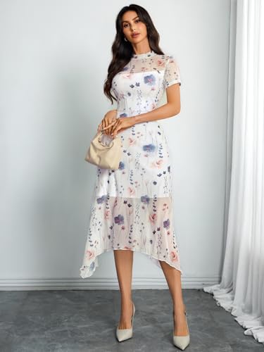 Image of GothDark Women Summer Wedding Guest Floral Mesh Irregular Hem Midi Dress | A-Line, Short Sleeve, Sheer Mesh Overlay, Elegant Vintage Dresses For Party, Semi Formal, Vacation, Dinner, Church