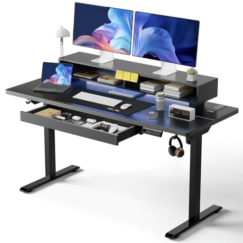 Image of GTPLAYER Electric Standing Desk with Drawers, 55 x 24 Inch Height Adjustable Gaming Desk with Monitor Stand, Power Outlets & LED Lights, Home Office Sit Stand Up Desk with Memory Preset (Ebony Black)