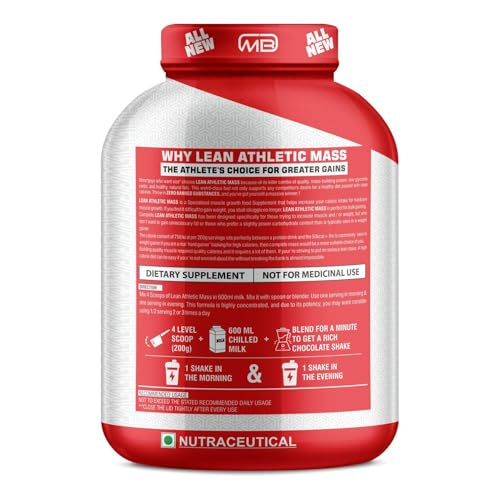 Image of M B Muscle Builder's Lean Athletic High Protein Muscle Mass Gainer with Creatine, 1053 Calories & 40g Protein, Gain Strength & Size, Weight Gainer for Men & Women [Chocolate Peanut Butter,3 Kg / 6.6lb]