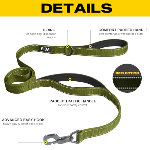 Fida 4 FT Heavy Duty Dog Leash with 2 Comfortable Padded Handles, Traffic Handle & Advanced Easy Snap Hook, Reflective Walking Lead for Large, Medium & Small Breed Dogs, Green - Thumbnail 2