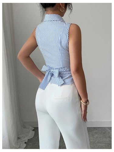 SOLY HUX Women's Sleeveless Striped Shirt Collared V Neck Bow Tie Business Blouses Tank Top3