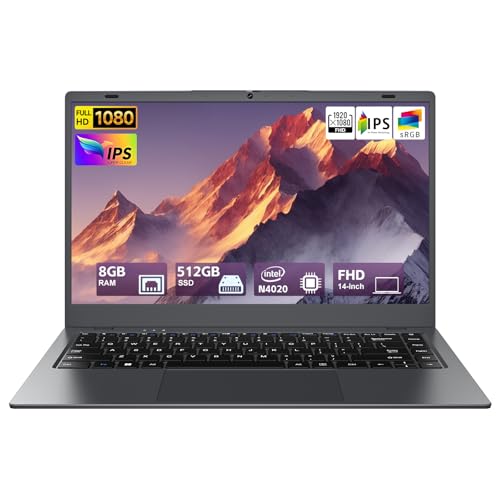 SHBIV 14' FHD Laptop Computer, 8GB RAM 512GB SSD, Celeron N4020 (Up to 2.8GHz), Office Suite, WiFi, BT5, HDMI, RJ45, Long Battery Life, Thin & Portable Laptops for Business, School, Home