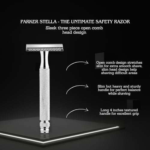 Image of PARKER Safety Razor Men Parker Stella Three Piece Open Comb Double Edge Razor With Heavyweight Brass Frame Handle - 5 Premium Blades Included