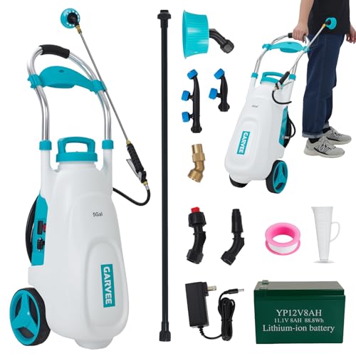 Garvee 5.3 Gallons Battery Powered Sprayer with Wheeled Cart 12V 8Ah Electric Sprayer with 6 Nozzles & 2 Wands 4-6 Hour Runtime 90PSI Adjustable Pressure Trigger Lock Yard Sprayers for Lawn and g