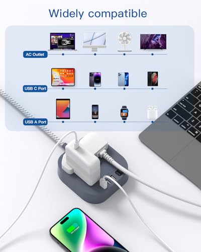 Extension Lead, Power Strips with 2 Way Outlets 4 (4.5A, 1 Type C and 3 USB-A Port) Surge Protection Plug Extension Socket with 1.6 Meter Braided cord for Home Office (Gray) - Image 6