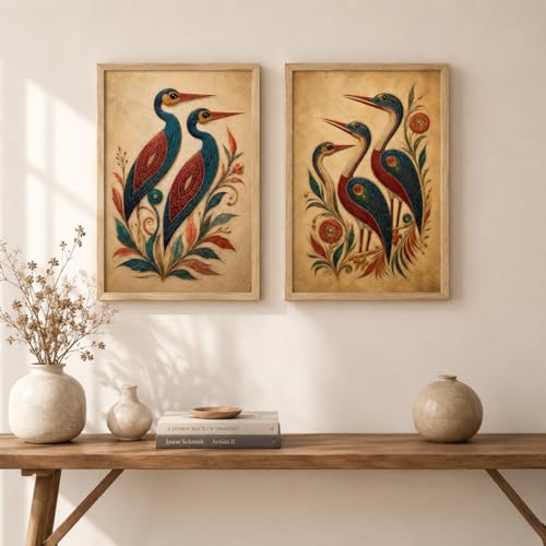 Image of Artify Set of 2 Ethnic Bird Floral Wall Paintings for Living Room Bedroom Hallway Decor with Premium Wooden Color Synthetic Frame