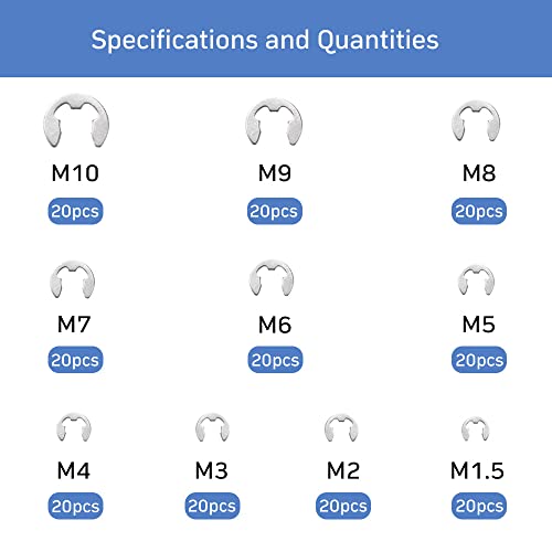 VooGenzek 200 Stück E-Clip Sicherungsringe Set, Sicherungsring Sicherungsscheiben Edelstahl E-clip Set, Externer Sicherungsring, 10 Größen M1.5/2/3/4/5/6/7/8/9/10 mit Kunststoffbox