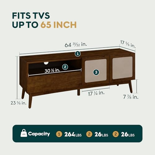 Image of Calista TV Stand 1 Drawer 2 Door - Chestnut Finish Media Console with Open Shelf & Fabric Panel Doors, Mid-Century Modern Style with Tapered Legs, Easy Assembly
