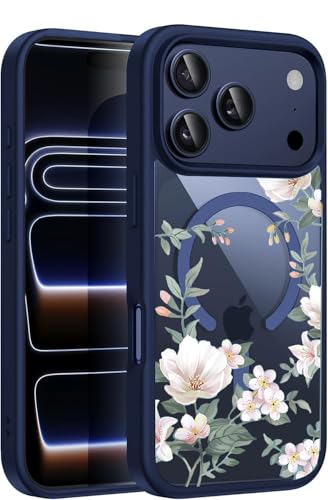 Image of VONZEE Back Cover Case Compatible with iPhone 17 Pro Max, Luxury Retro Flowers Floral Clear for Magnetic Wireless Charging Case Shockproof PC+TPU Cute Glossy Shiny Cover for Girls|6.9''|Navy Blue