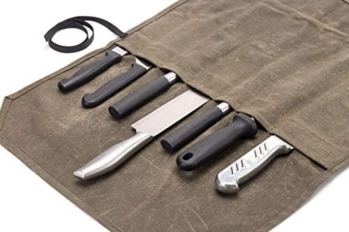 chengsan Heavy Duty 12OZ Waxed Canvas Chef Bag Knife Storage Roll Bag Portable 7 Slot Chef Bag Large Capacity Easy Carry With Wrapping Strap Superior Gift for Cooking Chef