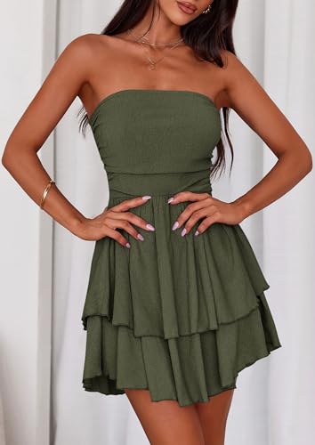 Image of PRETTYGARDEN Women's 2026 Summer Strapless Tube Mini Dress Off Shoulder Smocked Ruffle A Line Flowy Short Party Club Dresses