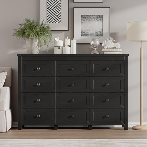 Image of BORNOON 12-Drawer Dresser, Modern Wooden Storage Chest of Drawers, Dresser TV Stand, Wood Drawer Organizer with Metal Handles for Bedroom, Living Room, Hallway