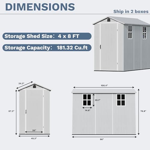 Image of Devoko 4x8 FT Resin Storage Shed with Floor, Garden Plastic Outdoor Shed with Window and Lockable Door, Waterproof Outside Tool shed for Backyard Patio, Light Grey