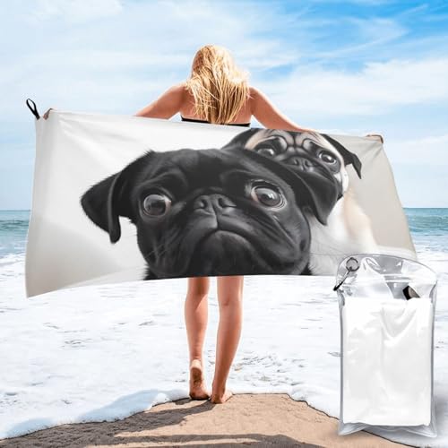 FCTVASDM Toalla de playa de microfibra de 27.5 x 55 pulgadas, toalla de secado rápido, manta de playa sin arena, toallas de camping de gran tamaño, lindas toallas de baño de perro carlino negro