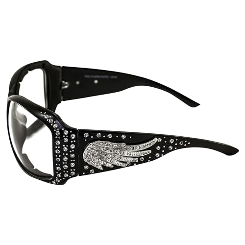 Rodeo Queen Angel Plus Padded Motorcycle Sunglasses Womens 2 Pair Black Frame Rhinestone Sunglasses w/Silver Wing Accent Clear & Gradient Smoke Lenses3