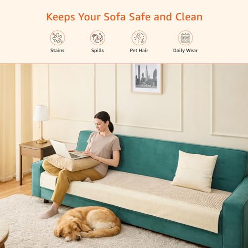 Image of Amazon Basics Knitted Fabric Sofa Cover for Three Seater, Playful Polka Dots, Non-Slip Sofa Pad, 70x180 cm, Soft Silicone Grip Dots, 100% Polyester, Machine Washable - Camel
