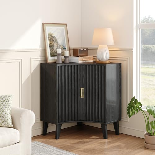 Image of Fluted Corner Cabinet, Small Corner Floor Cabinet with 2-Sliding Doors and Adjustable Shelves, Freestanding Narrow Organizer for Small Space,Living Room, Dining RoomBathroom.Black