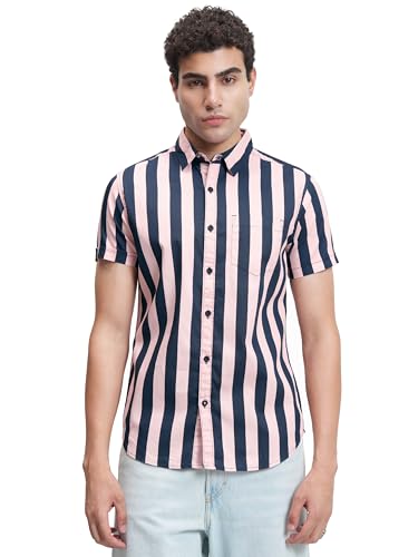 Image of Highlander Men's Slim Fit Short Sleeves Striped Casual Shirt | Vertical Stripes | Sleek & Relaxed Everyday Wear