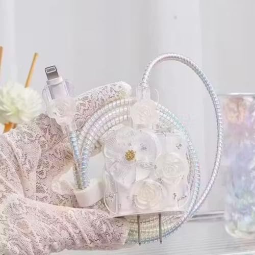 Image of Cable Protector with 3D Cute Pattern for iPhone Charger only 18W & 20W, Data Charging Cable Wire Saver Protective Cable Cover Full Protection Cable Sleeve (3D WHITE FLOWER)